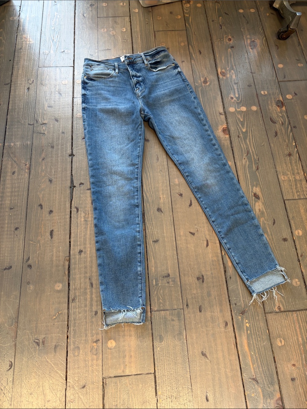 Frame Denim Medium Blue Skinny Jeans with Raw Hem